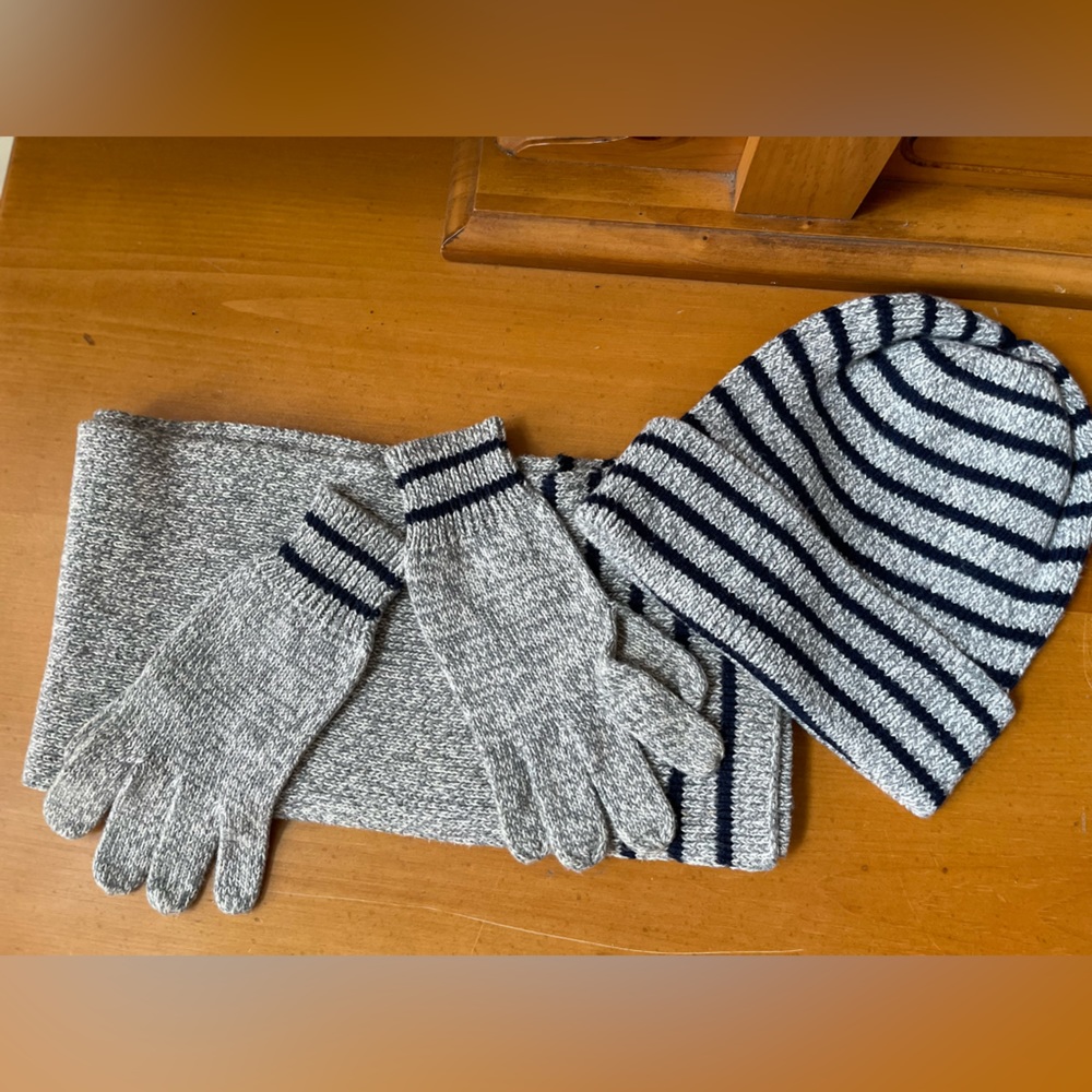 J.Crew Crewcuts matching scarf, hat and gloves. Grey with blue stripes.